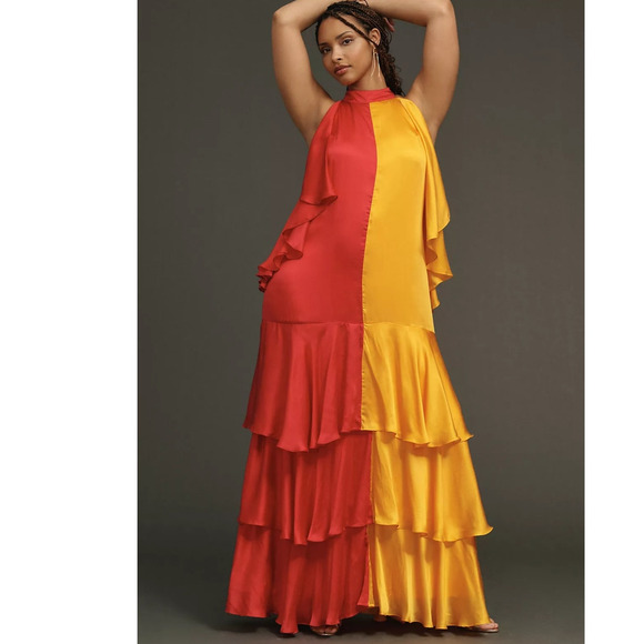 New Anthropologie Pinnacle Shruti Sancheti Mock-Neck Colorblock Ruffle Dress XS - Picture 6 of 8